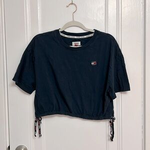 Tommy Jeans Navy Blue T-Shirt with Cute Bow Accent and Scrunch Waist